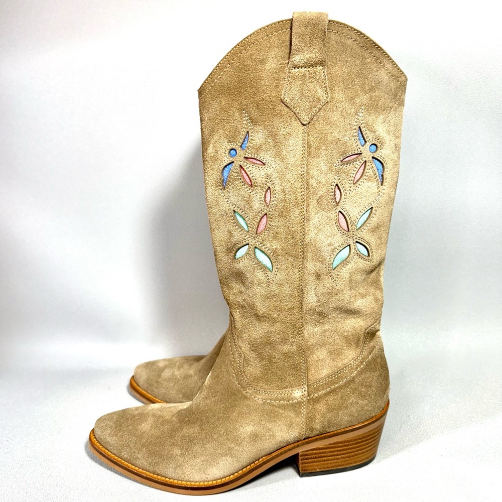 Penelope Chilvers Tempe Beige Suede Leather Colored Cutout Western Boots